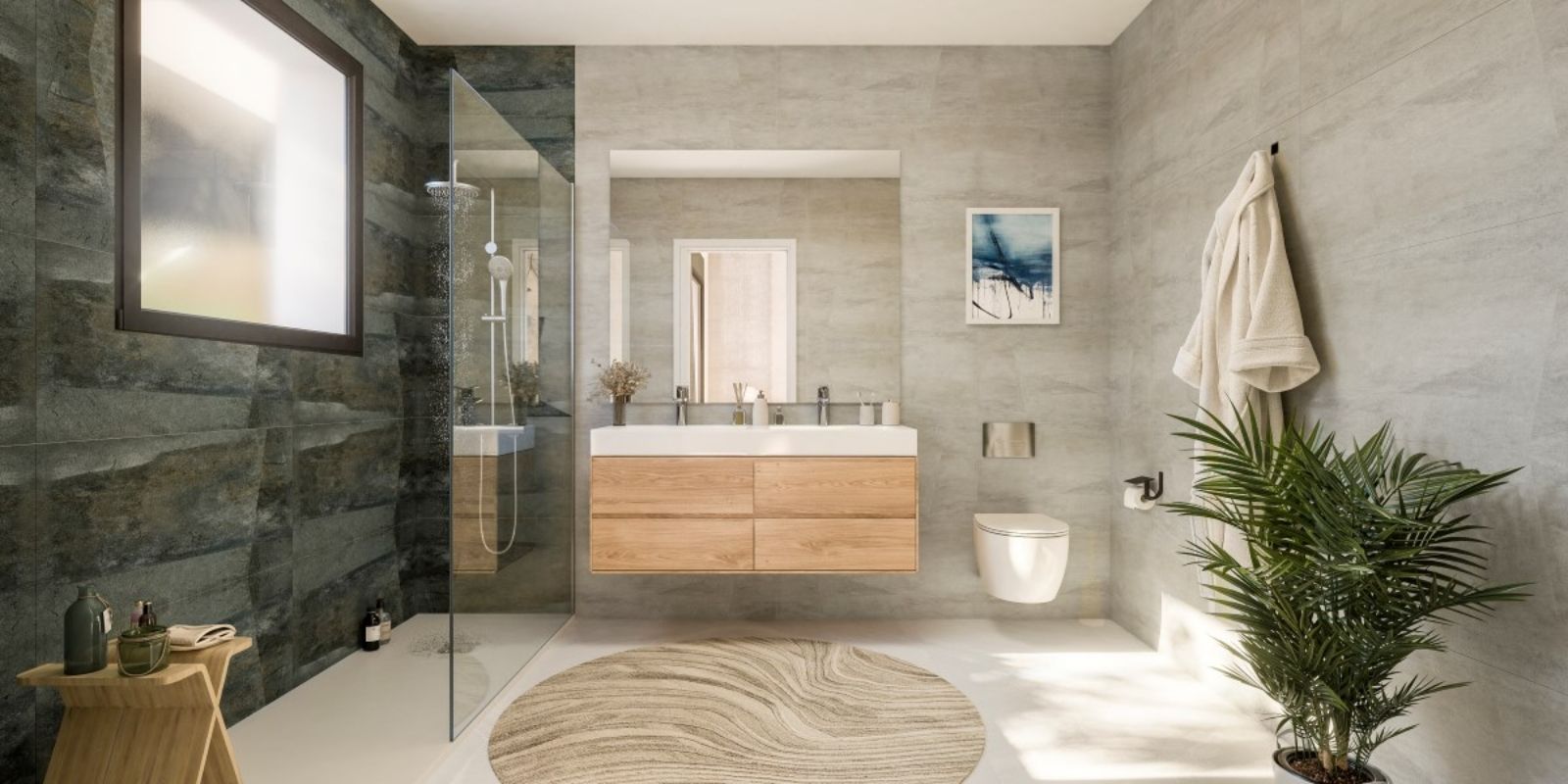 05 modern bathroom with shower and wooden vanity